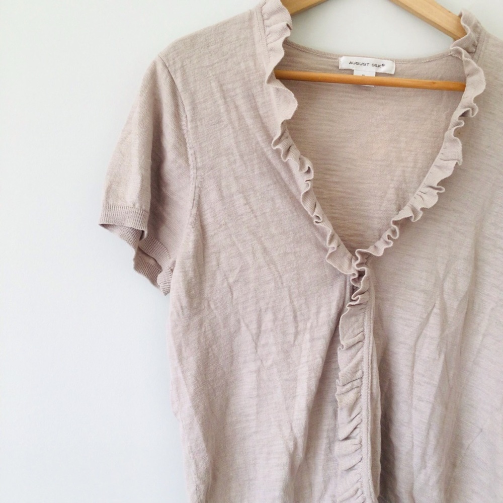 🧋{august silk} Oatmeal/ Cream Cotton Short Sleeve Ruffle Cropped Flowy Cardigan